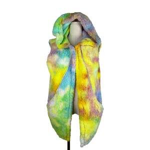 Haptics Rainbow Tie-Dye Faux Fur Hooded Duster Vest Large